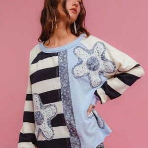 BiBi Blue and Black Striped Floral Sweatshirt
